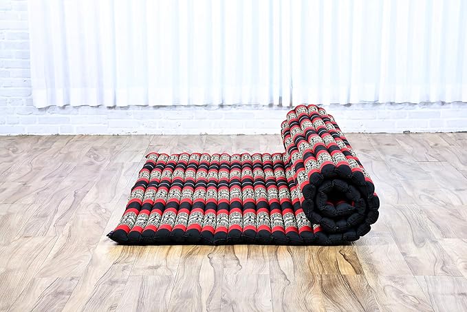 Leewadee - Foldable Floor Mattress - Japanese Roll Up Futon -Trifold Tatami Mat- Guest Floor Bed - Camping Mattress - Thai Massage Mat, Kapok Filled, 75 x 57 inches, Black Red