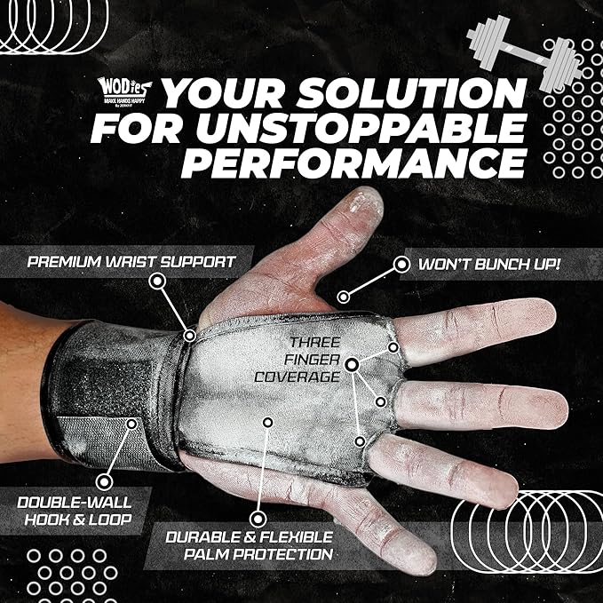 JerkFit WODies Gymnastics & Weightlifting Grips with Wrist Wraps – 3 Hole Versatile Gym Gloves for Pull Ups, Gym Training & Cross Training – Hand Grips Palm Protector for Men & Women