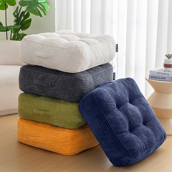 8" Washable Floor Pillow Cushion for Adults, Meditation Cushion Pillow, Large Square Floor Sitting, Removable Tufted Corduroy Cover, for Tatami Living Room or Yoga, 22x22 Inch, 2Pack, Machine Washable