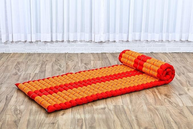 Leewadee - Foldable Floor Mattress - Japanese Roll Up Futon -Trifold Tatami Mat- Guest Floor Bed - Camping Mattress - Thai Massage Mat, Kapok Filled, 75 x 28 inches, Orange Red