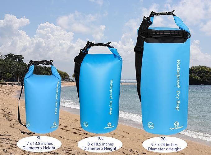Freegrace Waterproof Dry Bags Set of 3 Dry Bag with 2 Zip Lock Seals & Detachable Shoulder Strap, Waist Pouch & Phone Case - Can Be Submerged Into Water (Sky Blue, 20L)