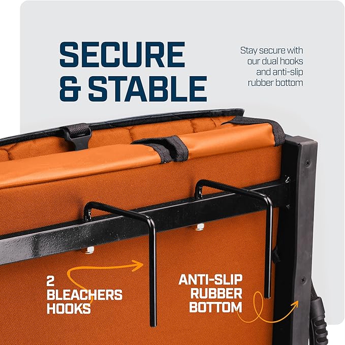 Extra Wide Folding Reclining Stadium Seat with Back Suppot for Bleachers, Bleacher Hooks, Thick Cushion, Cup Holder, Storage Pockets – Portable Chair for Kayak, Canoe, Paddle Board, Concerts, & Sports