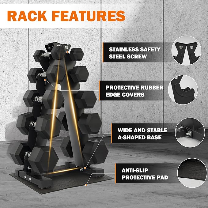 Rubber Coated Hex Dumbbell Weight Sets and Storage Rack, 100LBS Set or 150LBS Set, 5-20 lbs Pairs or 5-25 lbs Pairs