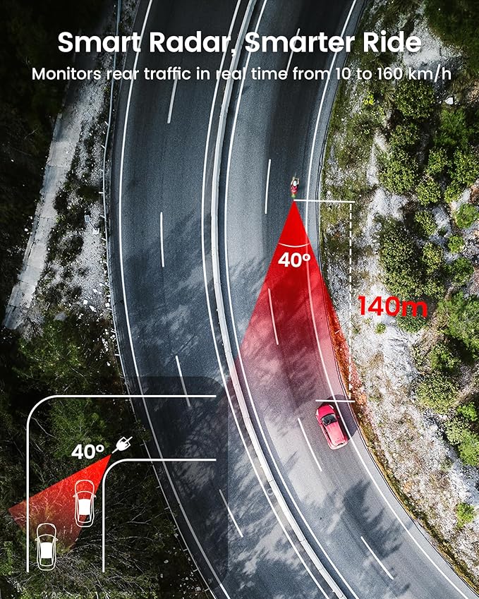 RAVEMEN NT201 Bike Radar Tail Light, 80-Lumen Bright Wide-Angle Bicycle Rear Light with Visual & Audible Alert, Auto Brake Flash, ANT+ Compatible, Power Level Check for Night Urban City Riding