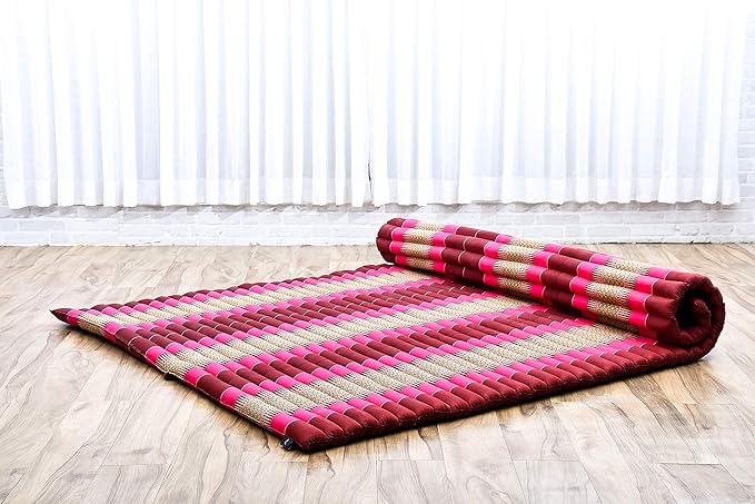 Leewadee - Foldable Floor Mattress - Japanese Roll Up Futon -Trifold Tatami Mat- Guest Floor Bed - Camping Mattress - Thai Massage Mat, Kapok Filled, 75 x 57 inches, Auburn Pink