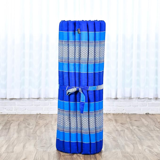 Leewadee - Kapok Roll Mat – Handcrafted Folding Sleep & Relaxation Mattress from Thailand, Ideal as Guest Bed, Camping Mat, Yoga Mat or Traditional Futon, 75 x 39 inches, Blue