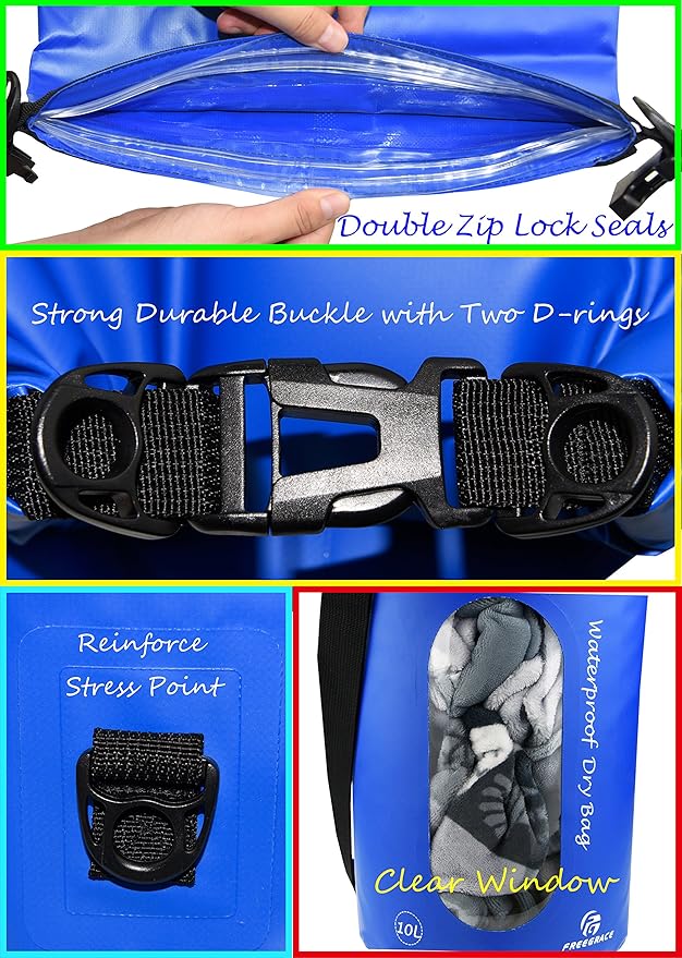 Freegrace Waterproof Dry Bags Set Of 3 Dry Bag With 2 Zip Lock Seals & Detachable Shoulder Strap, Waist Pouch & Phone Case - Can Be Submerged Into Water - For Swimming (Navy Blue(Window), 5L)