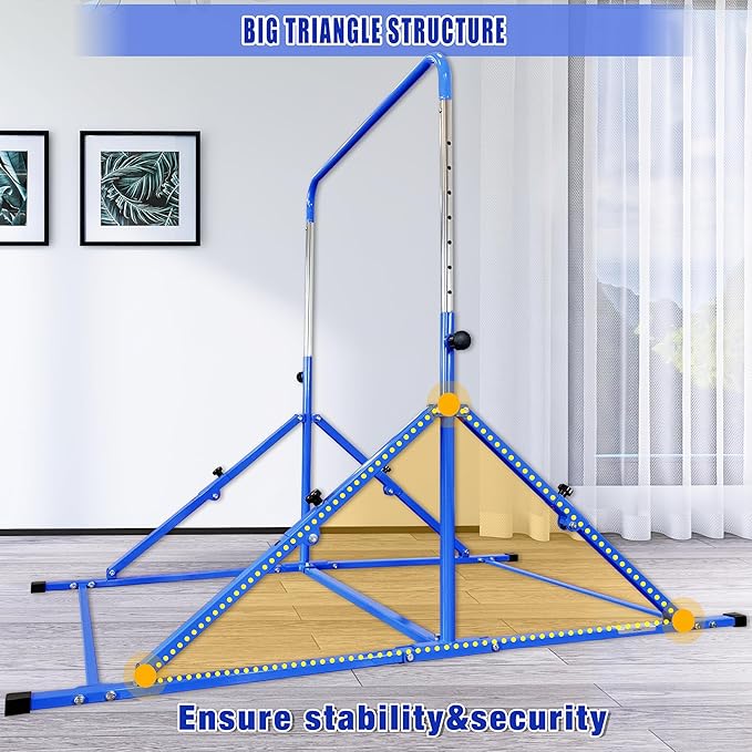 MARFULA Foldable Gymnastic Bar for Kids Ages 3-12, 9 Height Levels, 200 lbs Weight Capacity, 5 Ft Length Gymnastic Kip Bar with Mat, Gymnastic Equipment for Home and Gym Center Indoor Outdoor Use