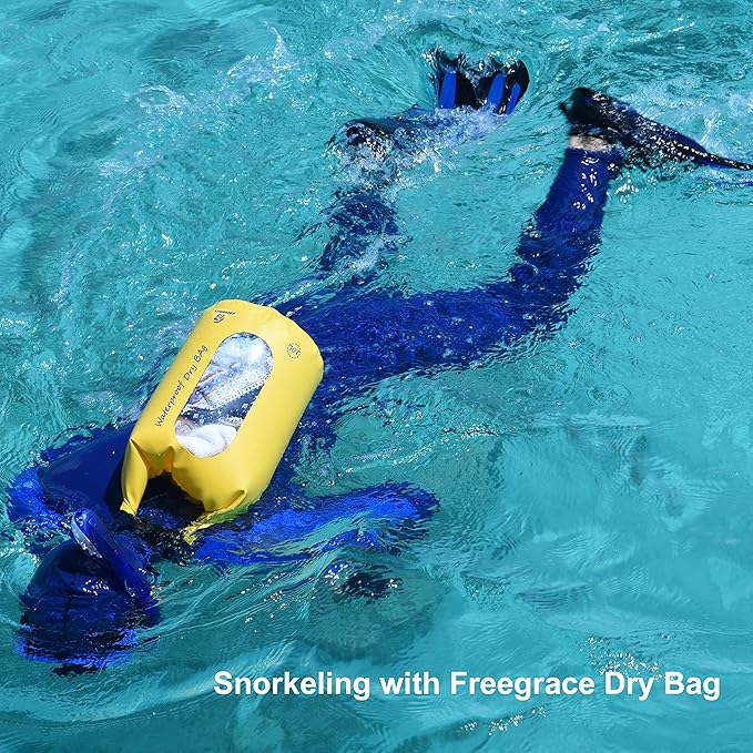 Freegrace Waterproof Dry Bags Set of 3 Dry Bag with 2 Zip Lock Seals & Detachable Shoulder Strap, Waist Pouch & Phone Case - Can Be Submerged Into Water - for Swimming (Yellow(Window), 20L)