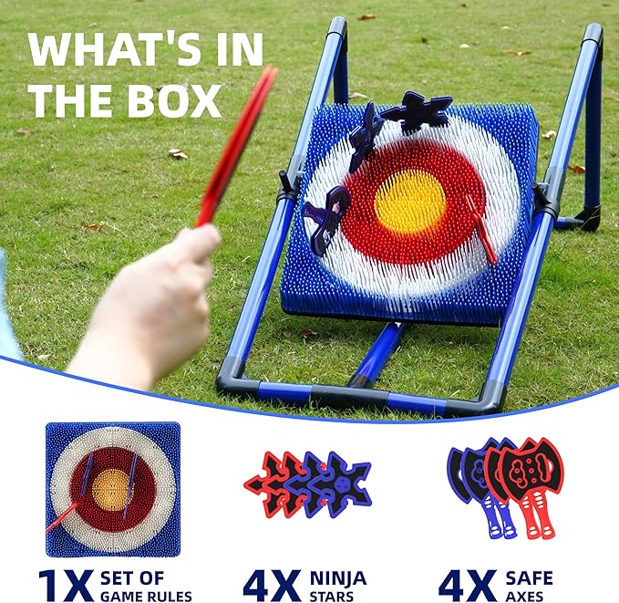 Family Axe Throwing Game for Backyard Fun | Safe Bristle Target Set with 4 Axes & 4 Darts for Kids & Adults | Lightweight & Portable for Carnival, Camping, Party and Indoor/Outdoor Games