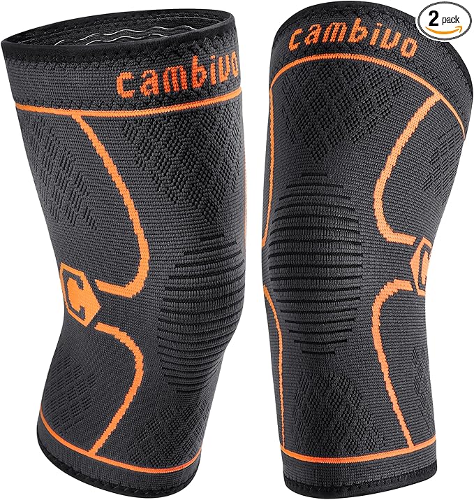 CAMBIVO 2 Pack Knee Brace, Knee Compression Sleeve for Men and Women, Knee Support for Running, Workout, Gym, Hiking, Sports (Orange,Large)