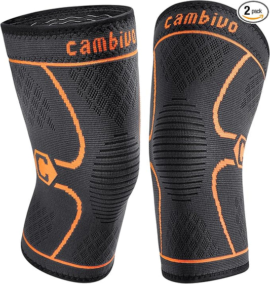 CAMBIVO 2 Pack Knee Brace, Knee Compression Sleeve for Men and Women, Knee Support for Running, Workout, Gym, Hiking, Sports (Orange,Large)