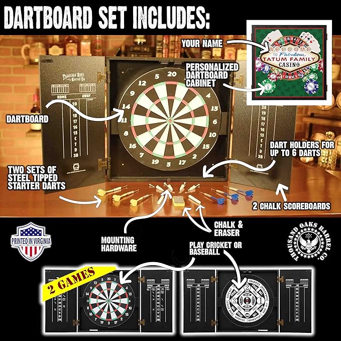 THOUSAND OAKS BARREL CO. | Personalized Dartboard & Cabinet Set with 6 Steel Tip Darts