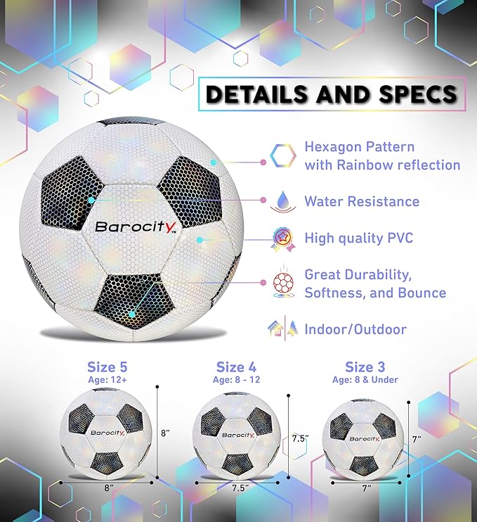 Soccer Ball - Premium Boy and Girl Official Match Ball with Cool Reflective Iridescent Rainbow Hex Pattern, Durable, Indoor, Outdoor, Training, Practice, Playtime and Games