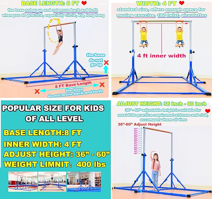MARFULA Gymnastic Bar for Kid and Teenage Ages 3-25, 5 FT / 8 FT Base Length, 4 FT Width 5 FT Height, Gymnastic Kip Bar Horizontal Bar for Gymnast, Gymnastic Training Equipment for Home and Club Use