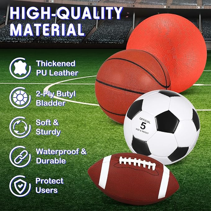 Lenwen 4 Pcs Sports Balls Set, Include Official Size Basketball Soccer Football Playground Ball Pump Equipment Bag Recess Equipment Sport for Teen Adult Gift Back to School