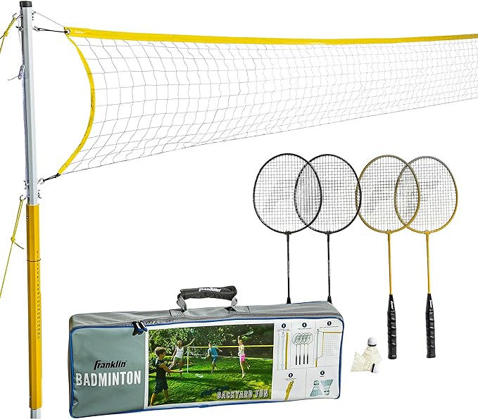 Franklin Sports Badminton Net Sets - Outdoor Backyard + Beach Badminton Net + Equipment Set - (4) Rackets + (2) Birdies + Portable Net Included - Adults + Kids Set