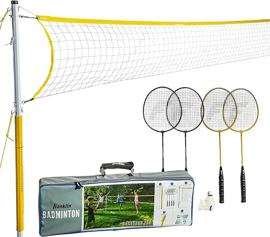 Franklin Sports Badminton Net Sets - Outdoor Backyard + Beach Badminton Net + Equipment Set - (4) Rackets + (2) Birdies + Portable Net Included - Adults + Kids Set