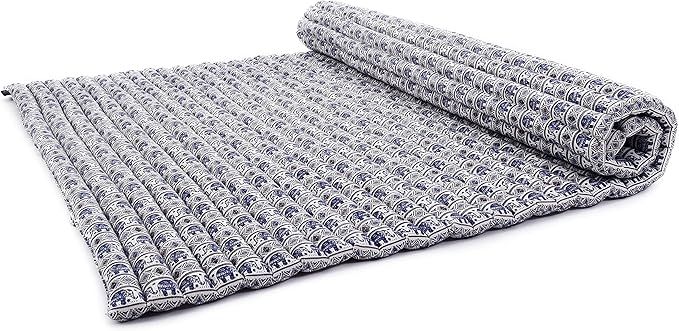 Leewadee - Foldable Floor Mattress - Japanese Roll Up Futon -Trifold Tatami Mat- Guest Floor Bed - Camping Mattress - Thai Massage Mat, Kapok Filled, 75 x 57 inches, Blue White