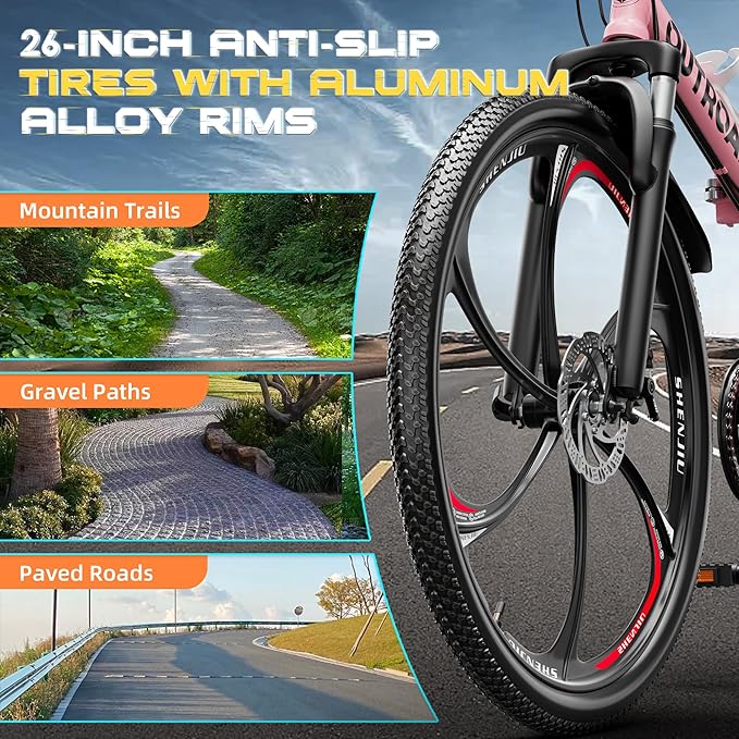 26 Inch Folding Mountain Bike with High Carbon Steel, 21 Speed City Bike with Dual Suspension, Folding Bicycle for Adults Men and Women