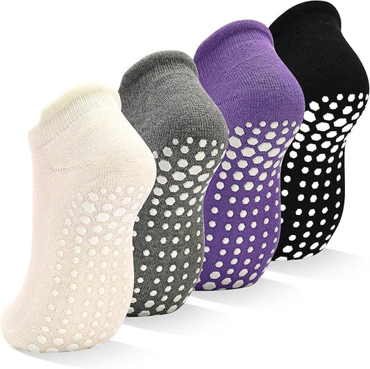 SkiBeaut Grips Non Slip Socks for Women, 4 Pairs Yoga Pilates Anti Skid Woman Hospital Gripper Socks (5-12)