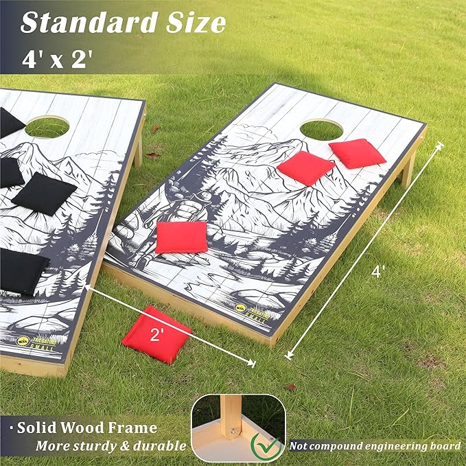 Cornhole Board Set 4FTx2FT Solid Wood Regulation Size Cornhole Set Includes 8 Cornhole Bags for Adults
