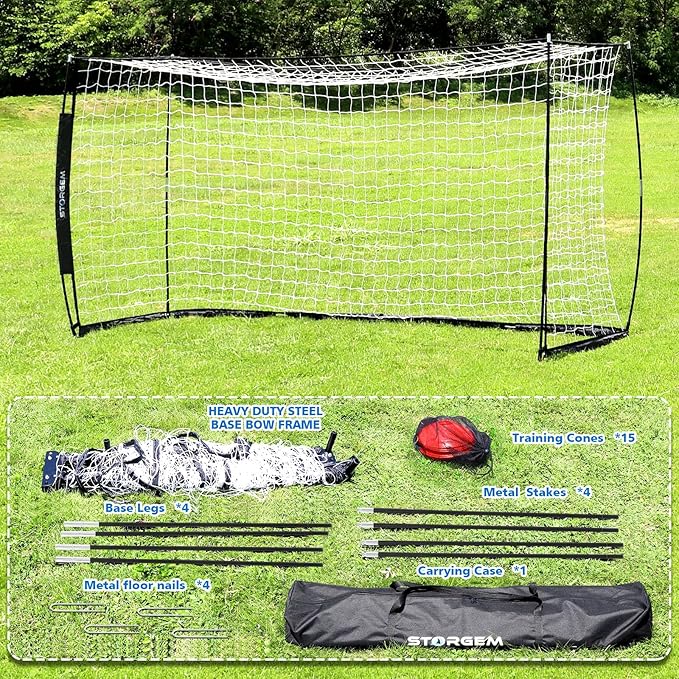 Storgem Soccer Goal,Soccer Net,Soccer Goals for Backyard,with Bow Frame,Collapsible Metal Base and 15 Training Cones