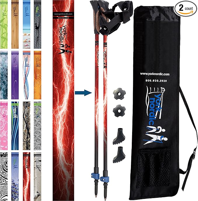 Official Nordic Walking Poles - True Classic Nordic Glove Grips, Lightweight, Adjustable, and Collapsible -2 Pieces w/flip Locks, Detachable Feet and Travel Bag by York Nordic - Heights 5'4"-6'2"