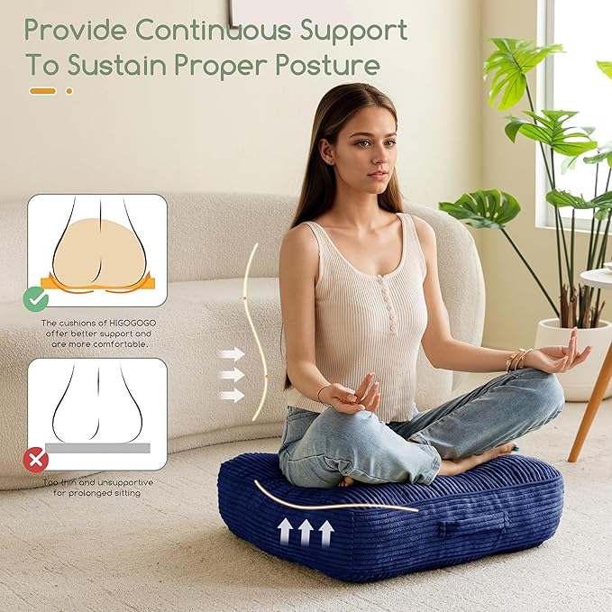 6" Washable Floor Pillow Cushion for Adults, Meditation Cushion Pillow, Large Square Floor Sitting, Removable Tufted Corduroy Cover, for Tatami Living Room or Yoga, 22x22 Inch, Machine Washable