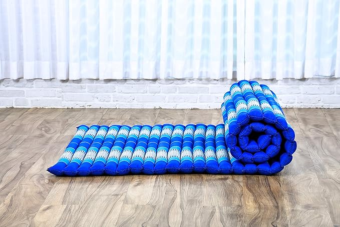 Leewadee - Kapok Roll Mat – Handcrafted Folding Sleep & Relaxation Mattress from Thailand, Ideal as Guest Bed, Camping Mat, Yoga Mat or Traditional Futon, 75 x 39 inches, Blue