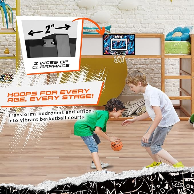 AND1 Over the Door Mini Basketball Hoop: 18x12 Shatterproof Backboard, 2 Mini Basketballs, and Hand Pump Included- Ultimate Indoor Basketball Accessory for Kids and Adults, No Tools Required