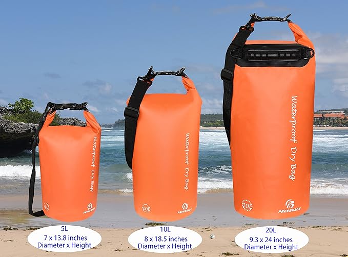 Freegrace Waterproof Dry Bags Set of 3 Dry Bag with 2 Zip Lock Seals & Detachable Shoulder Strap, Waist Pouch & Phone Case - Can Be Submerged Into Water - for Swimming (Orange, 10L)