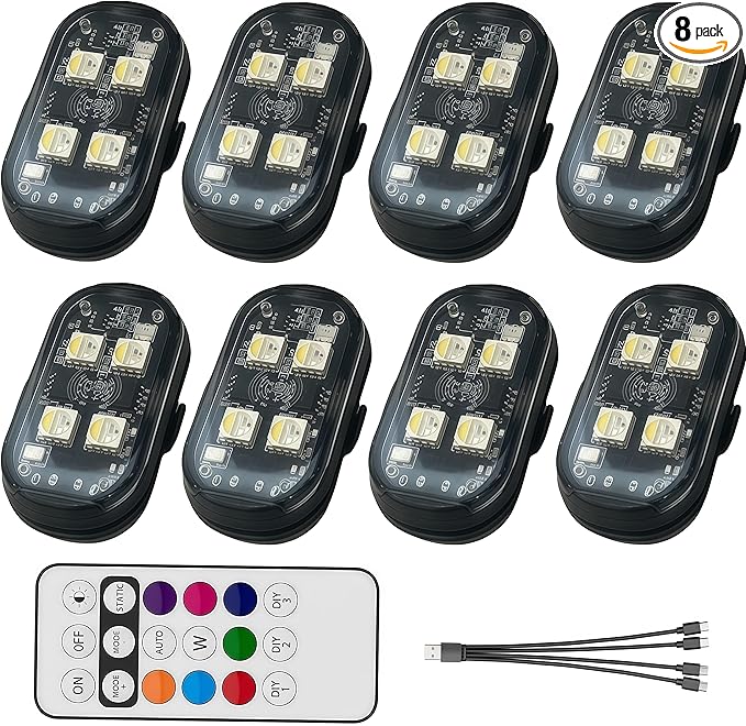 8PCS Wireless LED Strobe Lights with Remote Control, RGB 8 Colors Multifunction, USB Charging Waterproof Anti-Collision Tail Warning Mini Light for Car Motorcycle Trucks Bike Drone Aircraft (8)