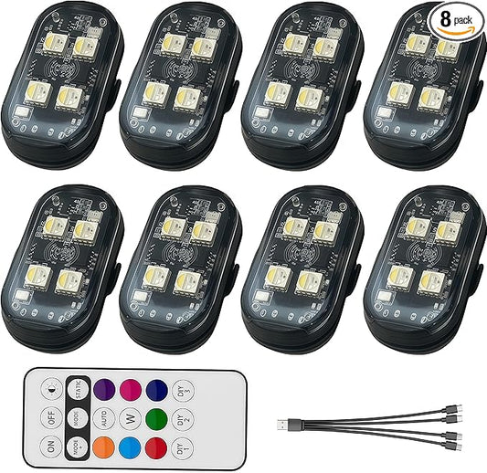 8PCS Wireless LED Strobe Lights with Remote Control, RGB 8 Colors Multifunction, USB Charging Waterproof Anti-Collision Tail Warning Mini Light for Car Motorcycle Trucks Bike Drone Aircraft (8)