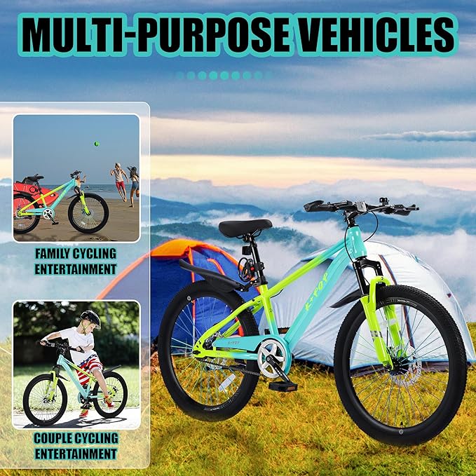 20 24 Inch Kids' Mountain Bike, Front Suspension Fork Kids' Bicycles for Boys Girls, Single Speed Bikes for Girls Boys Ages 8-12, Front and Rear Disc Brakes, Adjustable Seat Height