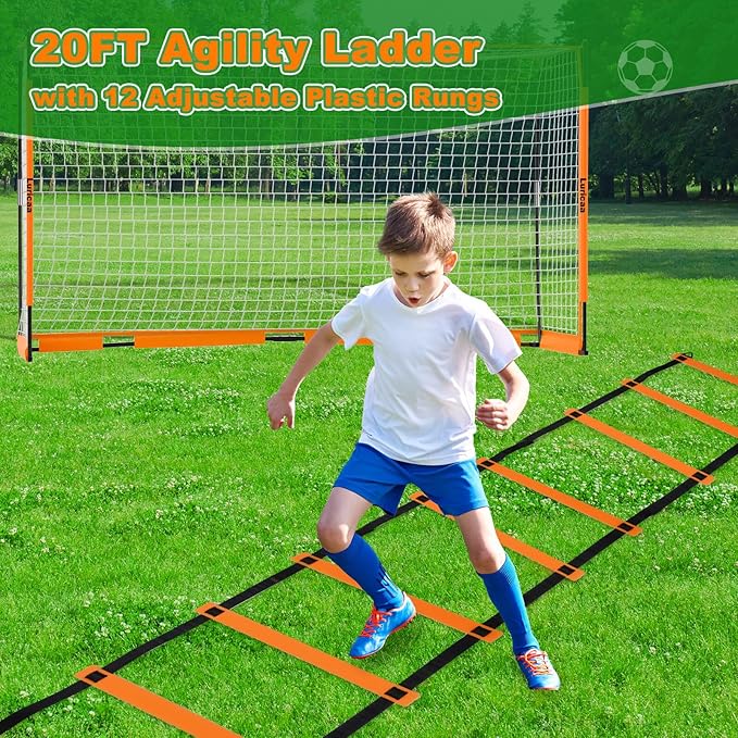 Collapsible Soccer Goal, 12×6 ft /6×4 ft Portable Soccer Goal Net for Backyard, Quick Setup Soccer Goals with 1 Carry Bag, 1 Agility Ladder, 4 Ground Nails,12 Training Cones