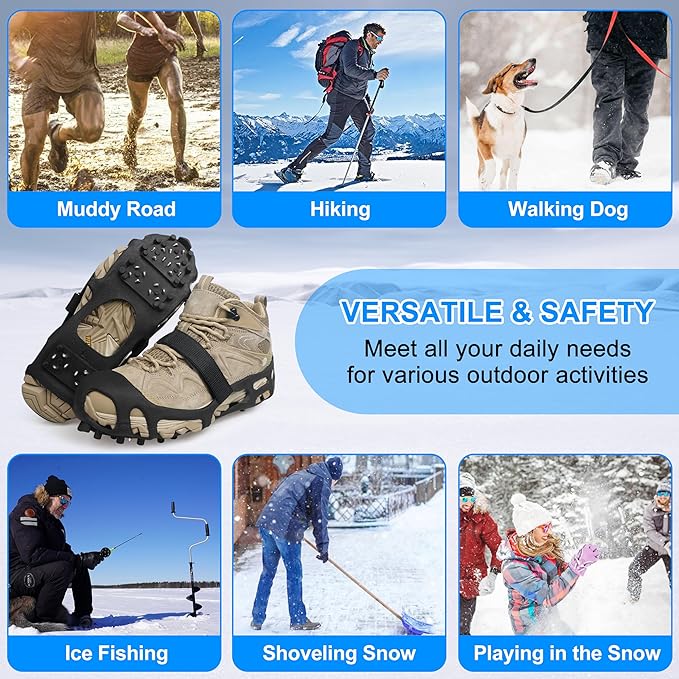 Ice Cleats Snow Walk Traction Cleats Crampon for Walking on Snow and Ice Upgrade 28 Studs Non-Slip Overshoe Rubber Anti Slip Crampons Slip-on Stretch Footwear