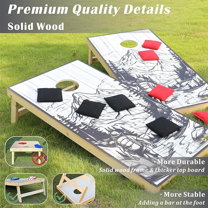 Cornhole Board Set 4FTx2FT Solid Wood Regulation Size Cornhole Set Includes 8 Cornhole Bags for Adults