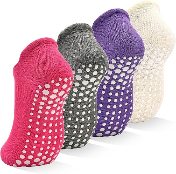 SkiBeaut Grips Non Slip Socks for Women, 4 Pairs Yoga Pilates Anti Skid Woman Hospital Gripper Socks (5-12)