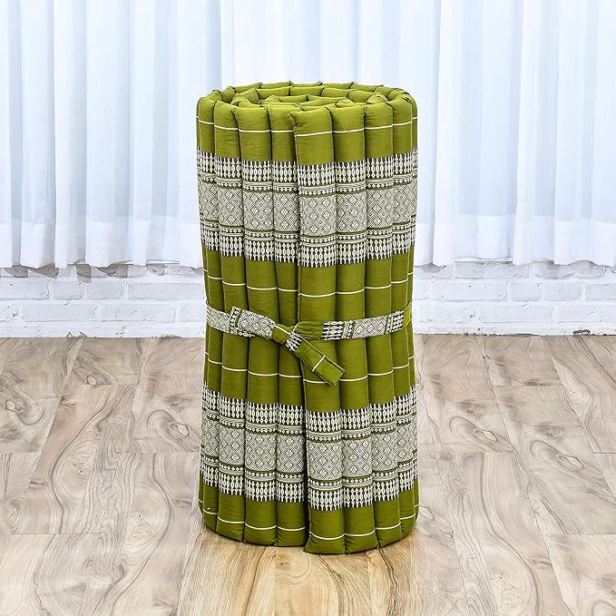 Leewadee - Foldable Floor Mattress - Japanese Roll Up Futon -Trifold Tatami Mat- Guest Floor Bed - Camping Mattress - Thai Massage Mat, Kapok Filled, 75 x 28 inches, Green