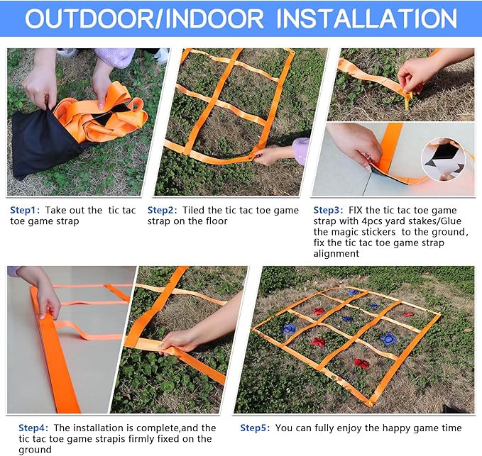 Giant Tic Tac Toe Strap Game Indoor Outdoor, 4 Ft X 4 Ft Portable Tic Tac Toe Bean Bag Toss Game, Large Yard Toss Game Tic Tac Toss Across Camping Games for Kids & Families -Orange