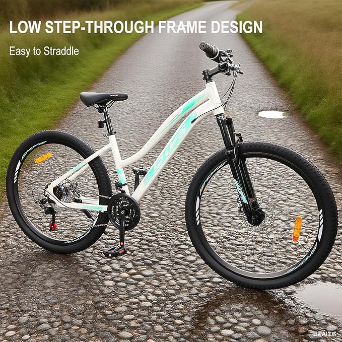 HappyHugs Women’s 26 Inch Mountain Bike, Low-Step Frame, 21-Speed Twist Shifters, Dual Disc Brakes, Front Suspension, 26×2.35 All-Terrain Tires for City Commute & Park Trails