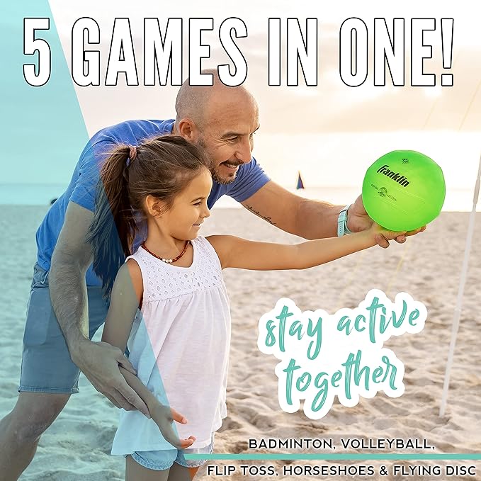 Franklin Sports Fun 5 Combo Outdoor Game Set - Backyard, Beach + Camping Games for Kids - Badminton, Volleyball, Flip Toss, Flying Disc - Horseshoes or Ring Toss