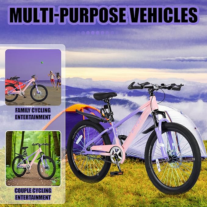 20 24 Inch Kids' Mountain Bike, Front Suspension Fork Kids' Bicycles for Boys Girls, Single Speed Bikes for Girls Boys Ages 8-12, Front and Rear Disc Brakes, Adjustable Seat Height
