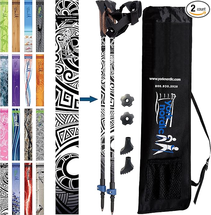 Official Nordic Walking Poles - True Classic Nordic Glove Grips, Lightweight, Adjustable, and Collapsible -2 Pieces w/flip Locks, Detachable Feet and Travel Bag by York Nordic - Heights 5'4"-6'2"