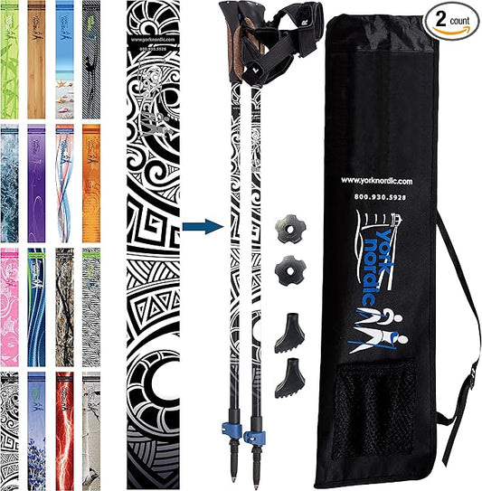 Official Nordic Walking Poles - True Classic Nordic Glove Grips, Lightweight, Adjustable, and Collapsible -2 Pieces w/flip Locks, Detachable Feet and Travel Bag by York Nordic - Heights 5'4"-6'2"