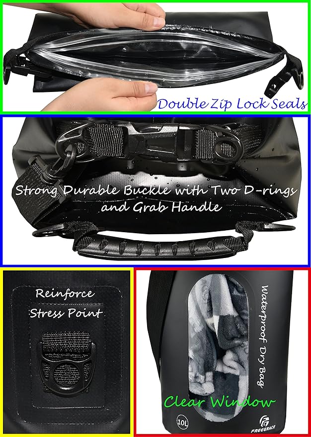 Freegrace Waterproof Dry Bags Set of 3 Dry Bag with 2 Zip Lock Seals & Detachable Shoulder Strap, Waist Pouch & Phone Case - Can Be Submerged Into Water - for Swimming (Black(Window), 20L)