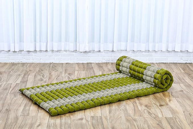 Leewadee - Foldable Floor Mattress - Japanese Roll Up Futon -Trifold Tatami Mat- Guest Floor Bed - Camping Mattress - Thai Massage Mat, Kapok Filled, 75 x 28 inches, Green