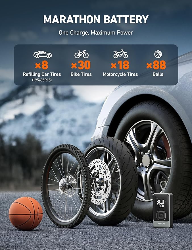 AstroAI L7 Air Tire Inflator Portable Air Compressor, 150PSI Electric Cordless Pump with Fast 1-min Inflation, Auto Shutoff, LED Light – Rechargeable for Car, SUV, Motorcycle, Bike Tires (Grey)