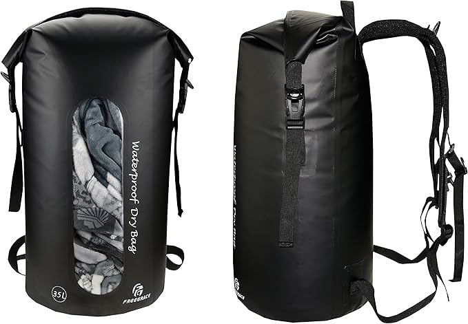 Freegrace Waterproof Dry Bags Set of 3 - Dry Bag with 2 Zip Lock Seals, Waist Pouch & Phone Case - Can Be Submerged Into Water for Swimming, Kayak, Rafting & Boating (Window, Black, 35L)